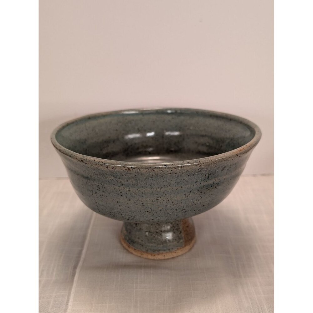 Handcrafted Studio Pottery Blue Gray Glaze Speckled Pedestal Bowl 7" Signed JW